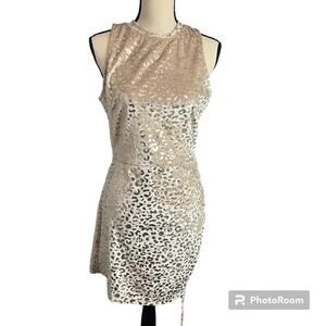 K TOO NEW Women's Gold Velvet Metallic Cheetah Print Bodycon Dress Sz L Holiday
